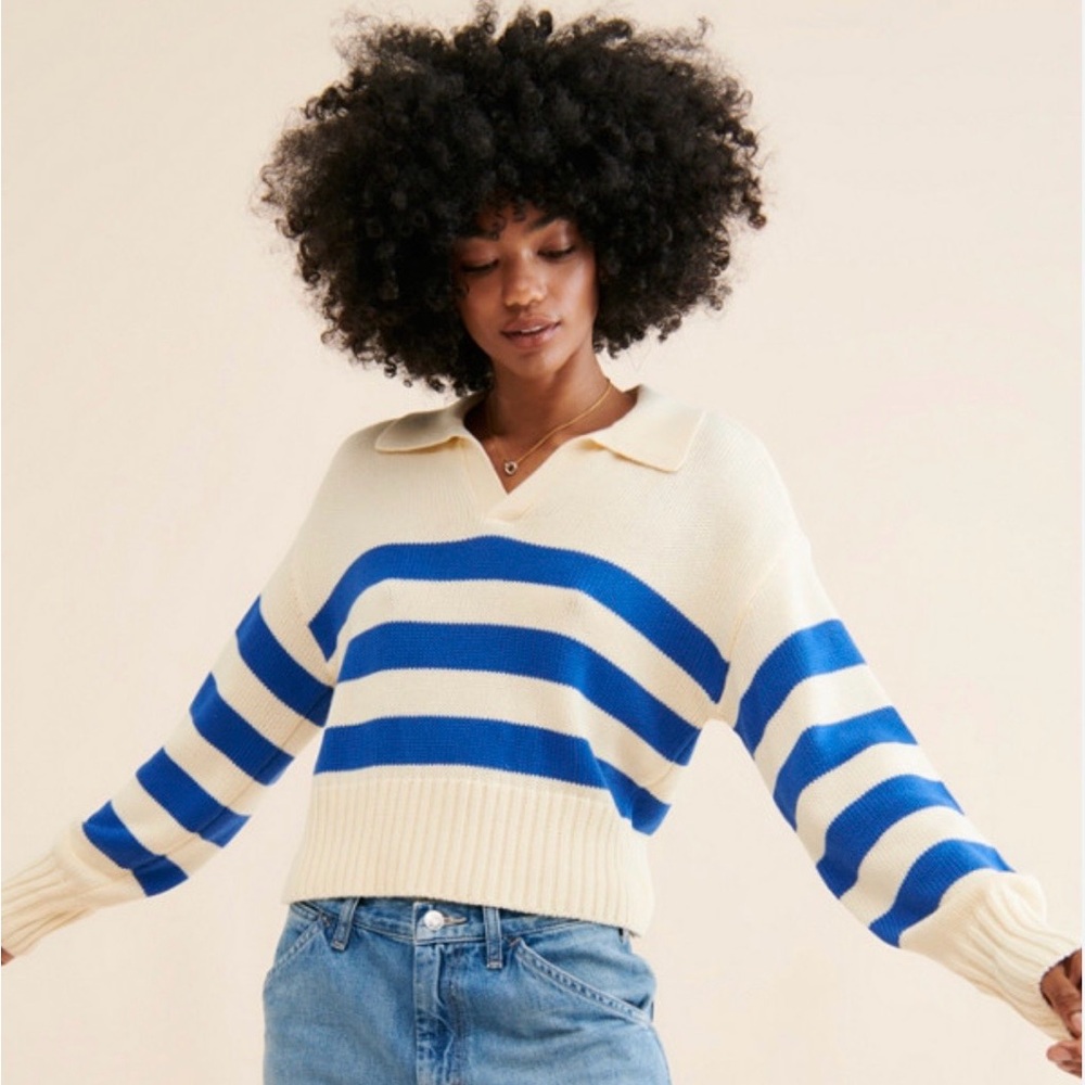 Pistola Arlo Polo Sweater Striped Womens L Vneck Cream Blue Coastal Nautical